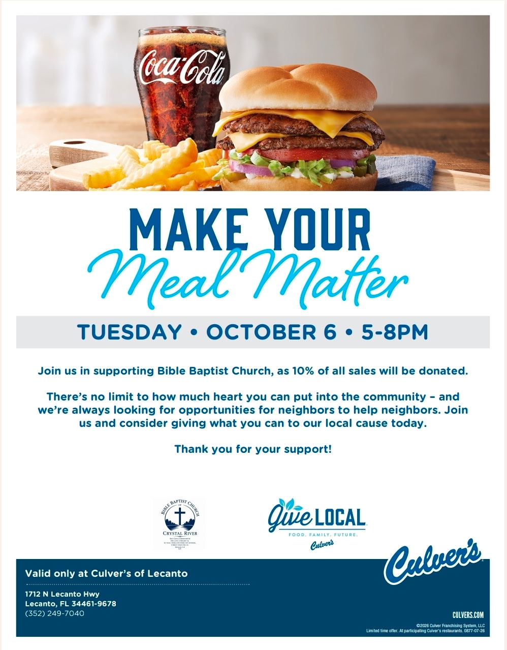 Bible Baptist Church Culvers Fundraiser